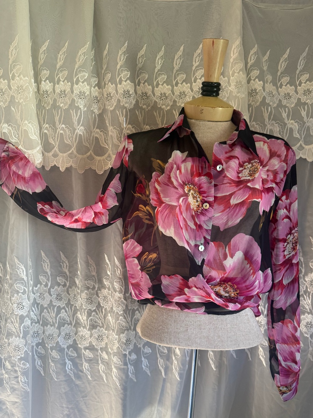 Impressions Black Sheer Blouse with Pink Floral Print